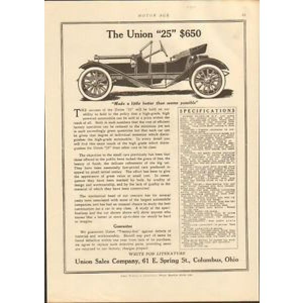 1912 Union model 25 Columbus OH Auto Ad Hyatt Roller Bearings mc0520 #1 image